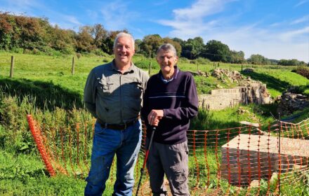 Mike Baker, a retired school teacher from Bath, photographed here with Martin Turner, SCCS Secretary, in front of Terminus Bridge at Paulton end of the coal canal.